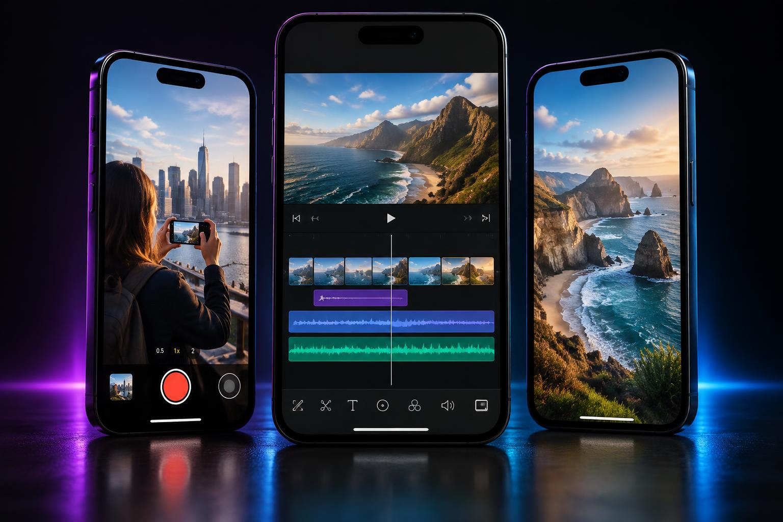 Três smartphones representando gravação, edição e vídeo finalizado